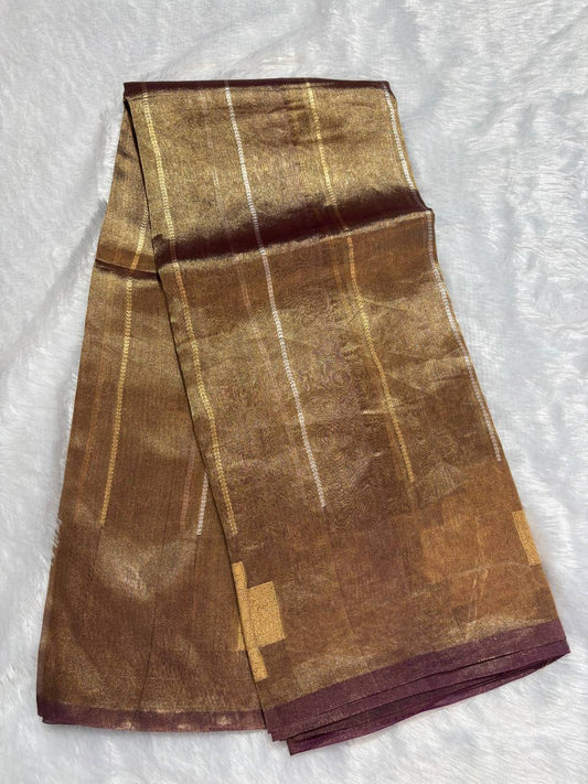Sophisticated Wine Bronze Banarasi Tissue Silk Saree with Geometric Nakshi Pallu and Zari Stripes