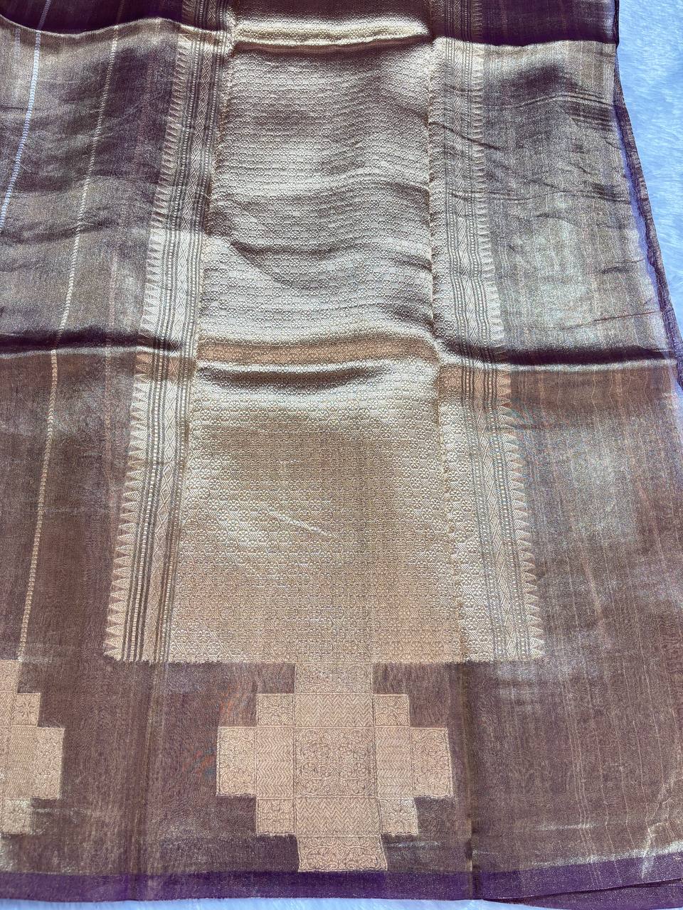 Sophisticated Wine Bronze Banarasi Tissue Silk Saree with Geometric Nakshi Pallu and Zari Stripes