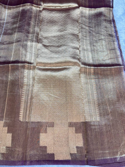 Sophisticated Wine Bronze Banarasi Tissue Silk Saree with Geometric Nakshi Pallu and Zari Stripes