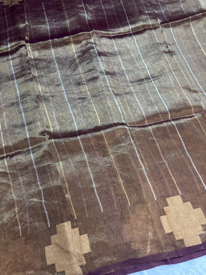 Sophisticated Wine Bronze Banarasi Tissue Silk Saree with Geometric Nakshi Pallu and Zari Stripes