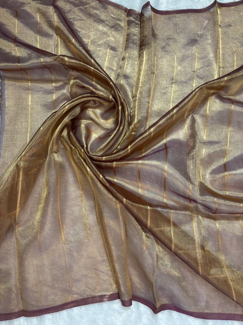 Sophisticated Wine Bronze Banarasi Tissue Silk Saree with Geometric Nakshi Pallu and Zari Stripes