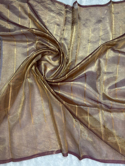 Sophisticated Wine Bronze Banarasi Tissue Silk Saree with Geometric Nakshi Pallu and Zari Stripes