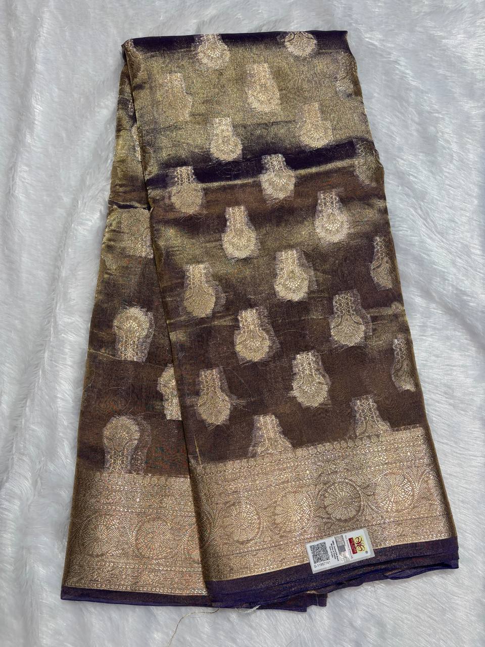 Royal Navy Violet Banarasi Tissue Silk Saree with Sona Chandi Kalka Buta and Floral Jaal Pallu