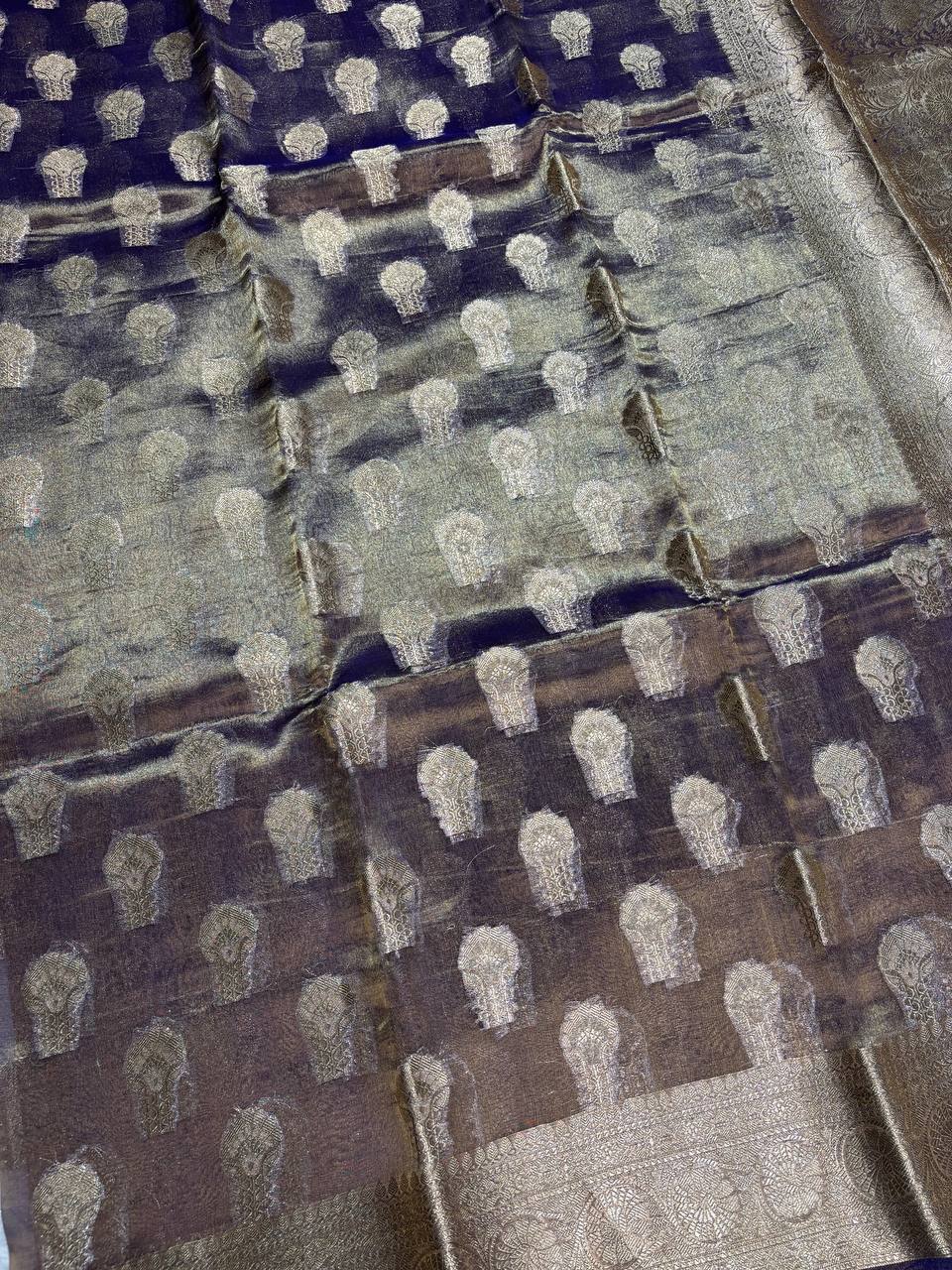 Royal Navy Violet Banarasi Tissue Silk Saree with Sona Chandi Kalka Buta and Floral Jaal Pallu