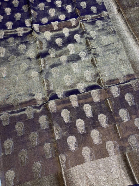 Royal Navy Violet Banarasi Tissue Silk Saree with Sona Chandi Kalka Buta and Floral Jaal Pallu