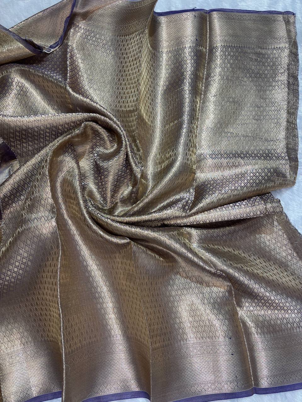 Royal Navy Violet Banarasi Tissue Silk Saree with Sona Chandi Kalka Buta and Floral Jaal Pallu