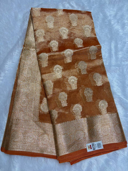 Festive Rust Orange Banarasi Tissue Silk Saree with Sona Chandi Kalka Buta and Rich Floral Jaal Pallu