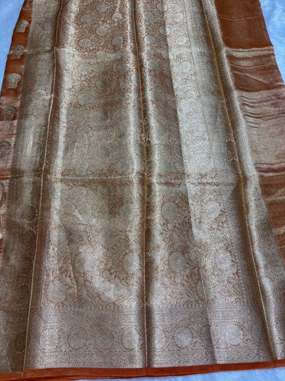 Festive Rust Orange Banarasi Tissue Silk Saree with Sona Chandi Kalka Buta and Rich Floral Jaal Pallu