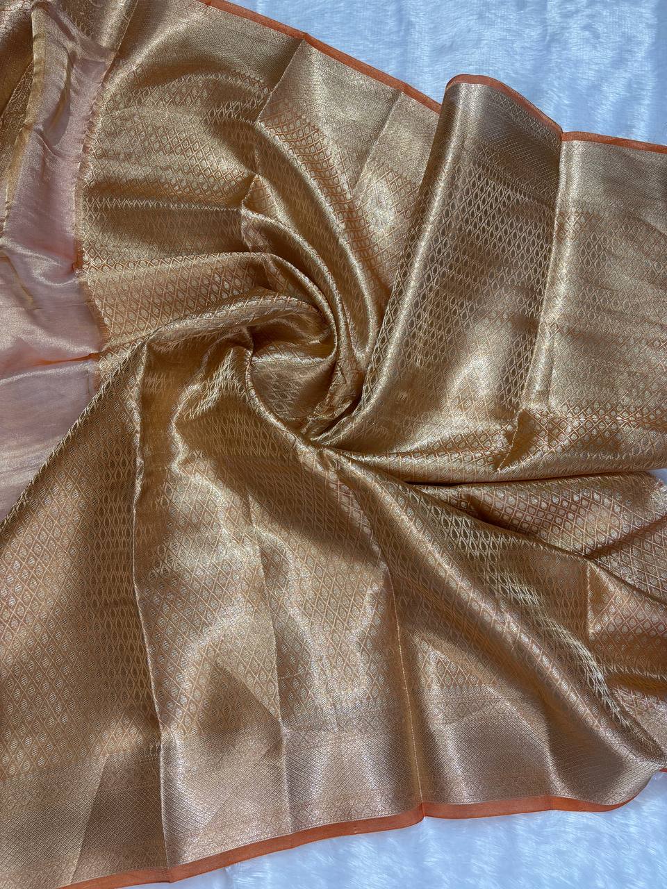 Festive Rust Orange Banarasi Tissue Silk Saree with Sona Chandi Kalka Buta and Rich Floral Jaal Pallu