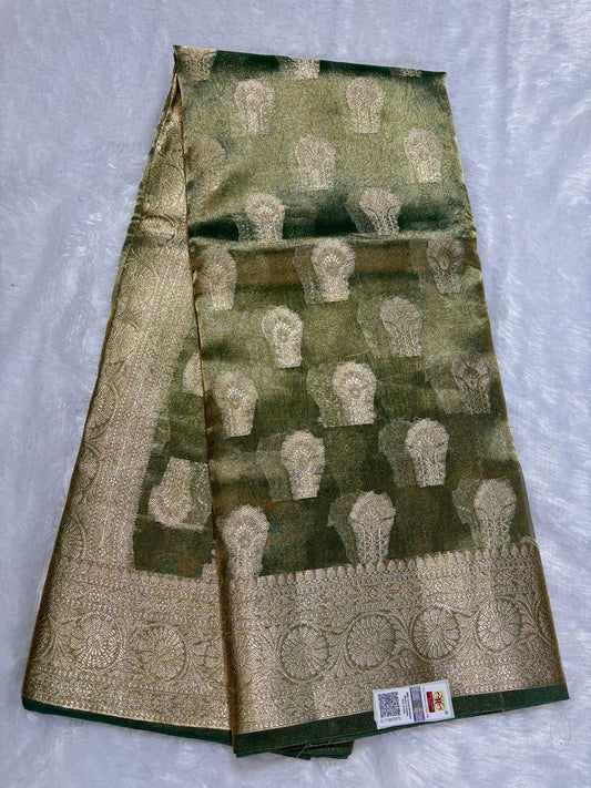Regal Bottle Green Banarasi Tissue Silk Saree with Sona Chandi Kalka Buta and Traditional Jaal Pallu