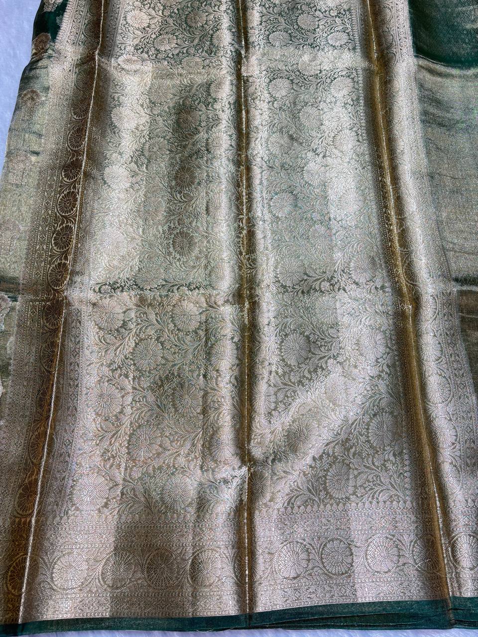 Regal Bottle Green Banarasi Tissue Silk Saree with Sona Chandi Kalka Buta and Traditional Jaal Pallu